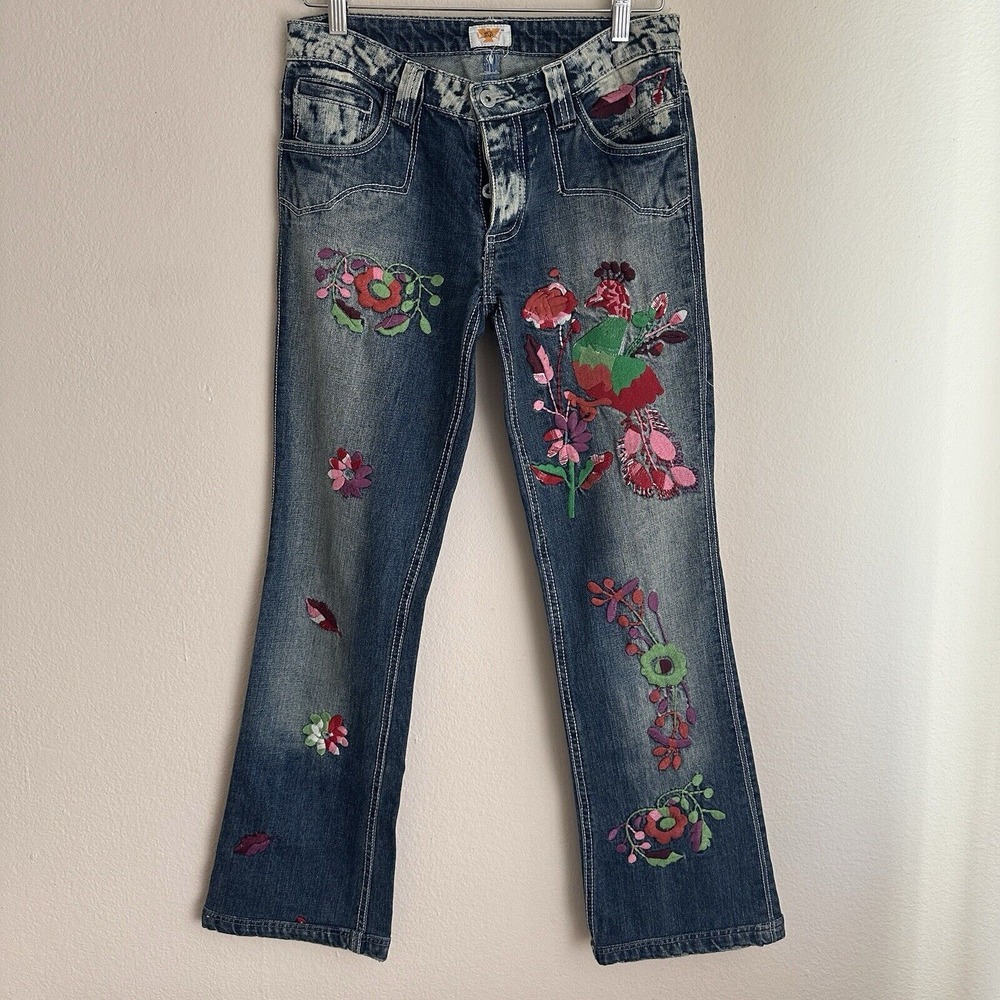 Antik Denim Jeans Women 27 Blue Floral Bird Embroidered Acid Wash Button Fly USA